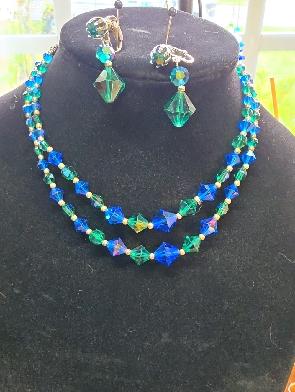 Blue and Green Crystal Two-Strand Necklace with Clip-On Earrings